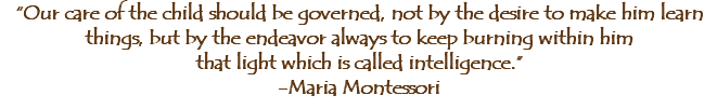 “Our care of the child should be governed, not by the desire to make him learn things, but by the endeavor always to keep burning within him that light which is called intelligence.” -Maria Montessori